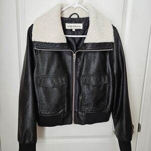 Shelby Collection - Black Faux Leather Bomber Jacket with Sherpa Collar Size L